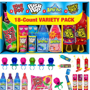 Candy Variety Pack - 18 Count Assorted Lollipops - Ring Pop, Push Pop, Baby Bottle Pop & Juicy Drop