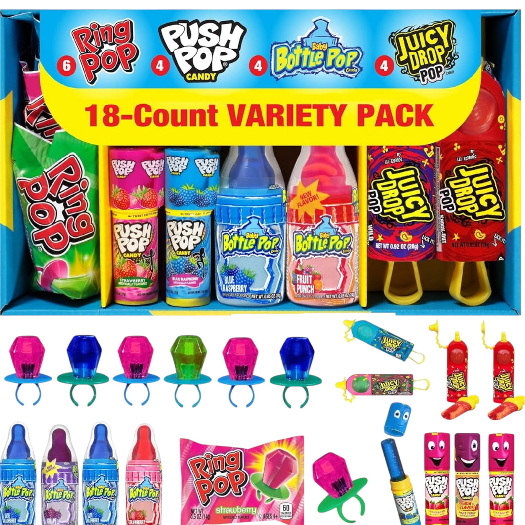 Candy Variety Pack - 18 Count Assorted Lollipops - Ring Pop, Push Pop, Baby Bottle Pop & Juicy Drop