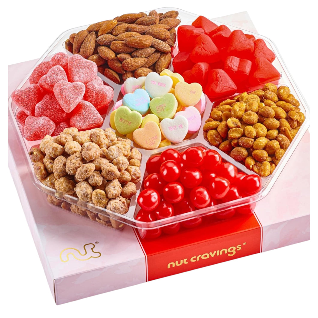 Valentines Mixed Nuts & Heart Candy Gift Basket in Red Gold Box (7 Assortments, 1 LB)